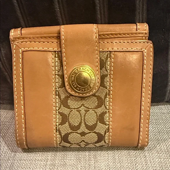 Coach Ergo Brown Signature & Leather Stripe Bifold French Wallet - Picture 2 of 6